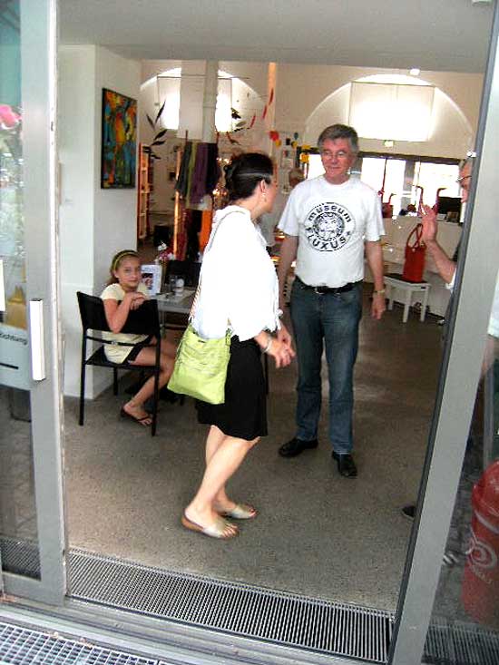 Heinrich Liman, Director, in his Fluxus+ t-shirt with Hannah and Natalie, In And Out The Window, Potsdam, 2010